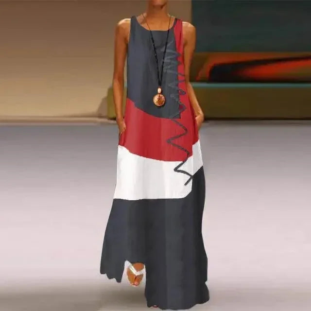 Vestido Longo Estampado Color Block sem Manga Chic Lenogue