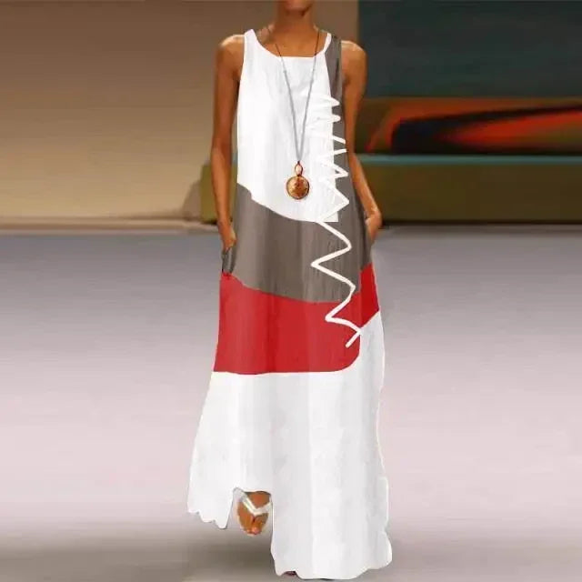 Vestido Longo Estampado Color Block sem Manga Chic Lenogue