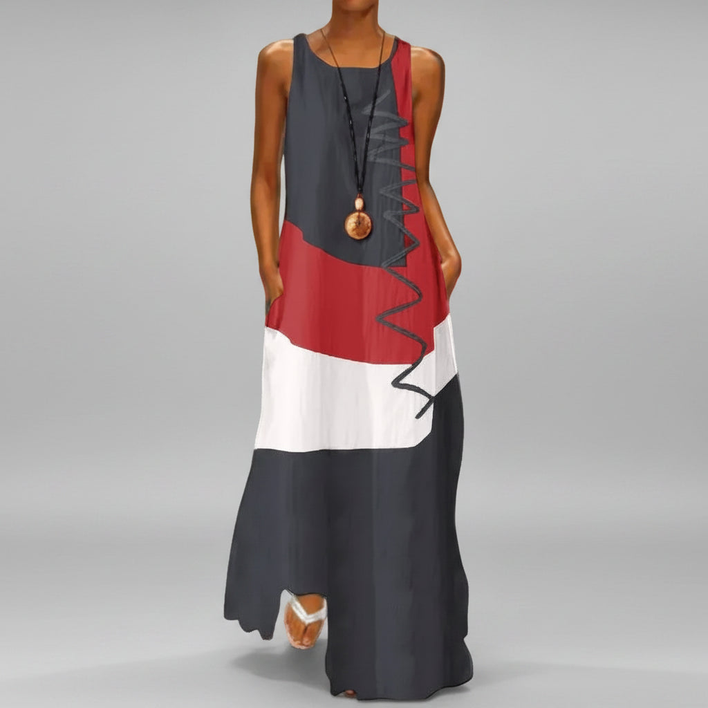 Vestido Longo Estampado Color Block sem Manga Chic Lenogue Azul / p