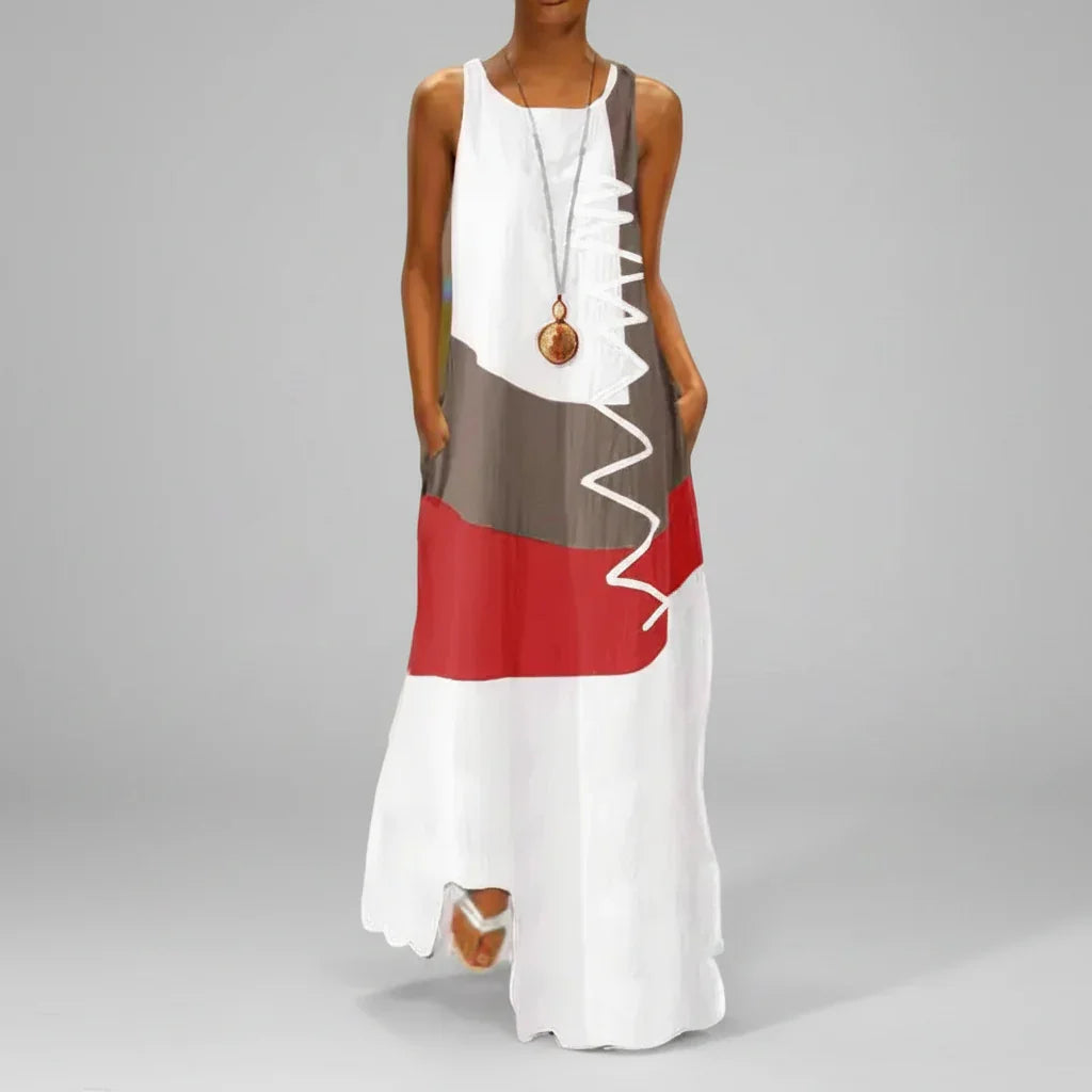 Vestido Longo Estampado Color Block sem Manga Chic Lenogue Branco / p