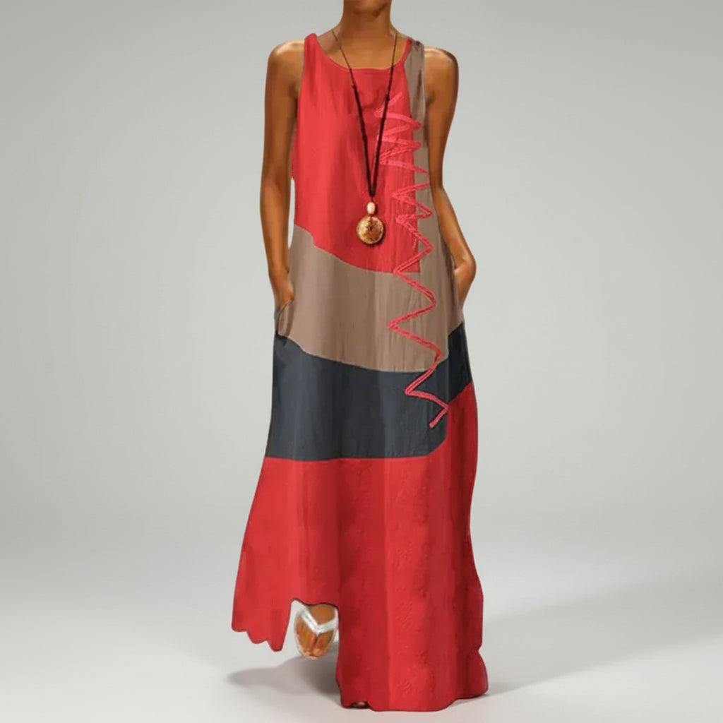 Vestido Longo Estampado Color Block sem Manga Chic Lenogue Vermelho / p