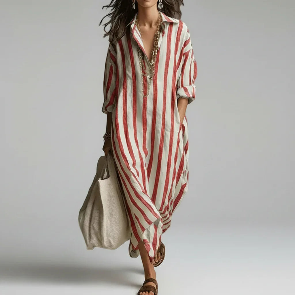 Vestido Longo Estampado Listrado Manga Longa Boho Chic Lenogue Vermelho / p