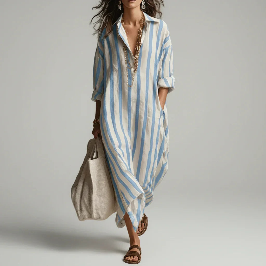 Vestido Longo Estampado Listrado Manga Longa Boho Chic Lenogue Azul / p