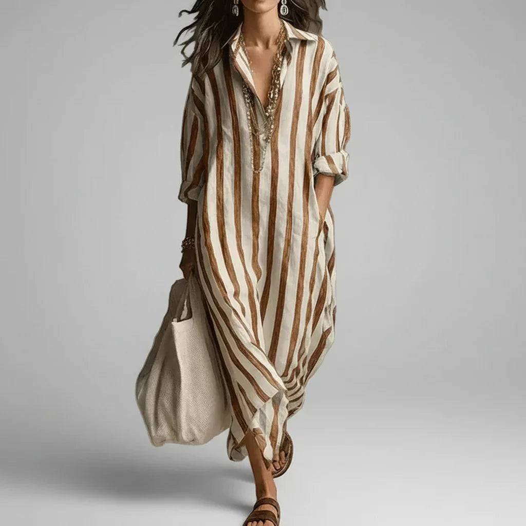 Vestido Longo Estampado Listrado Manga Longa Boho Chic Lenogue Marrom / p