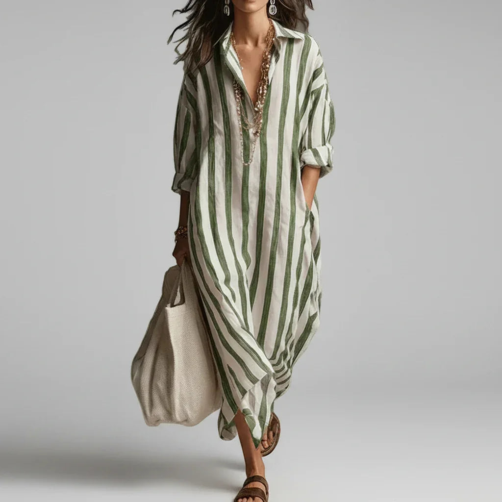 Vestido Longo Estampado Listrado Manga Longa Boho Chic Lenogue Verde / p