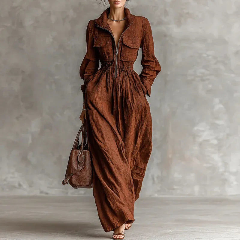 Vestido Longo Gola Lapela com Zíper Cintura Ajustável Lenogue