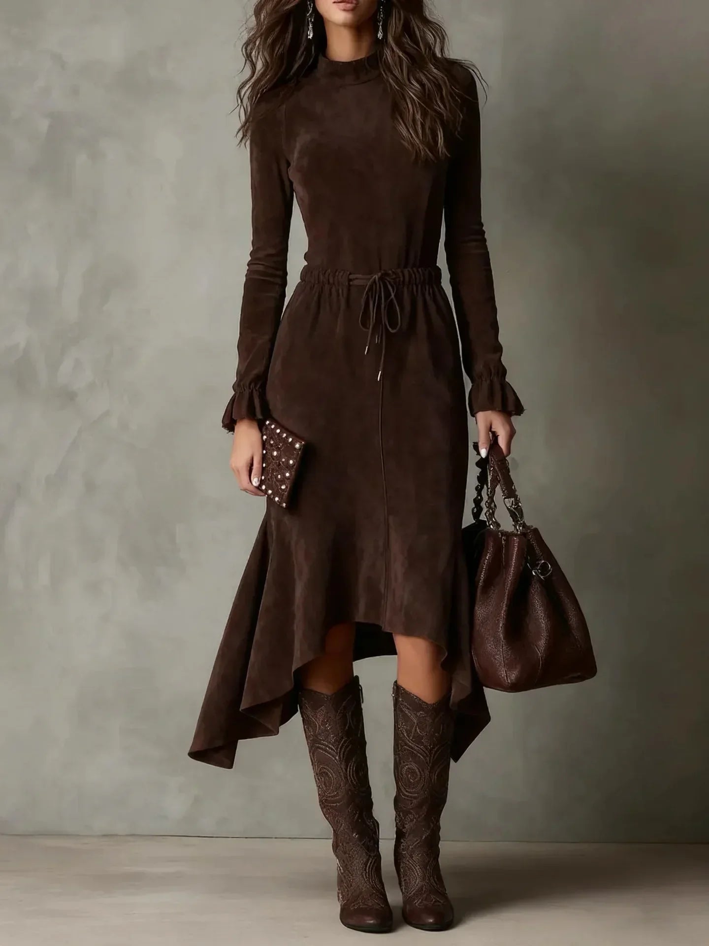 Vestido Longo Gola Redonda Cintura Ajustável com Amarração Lenogue