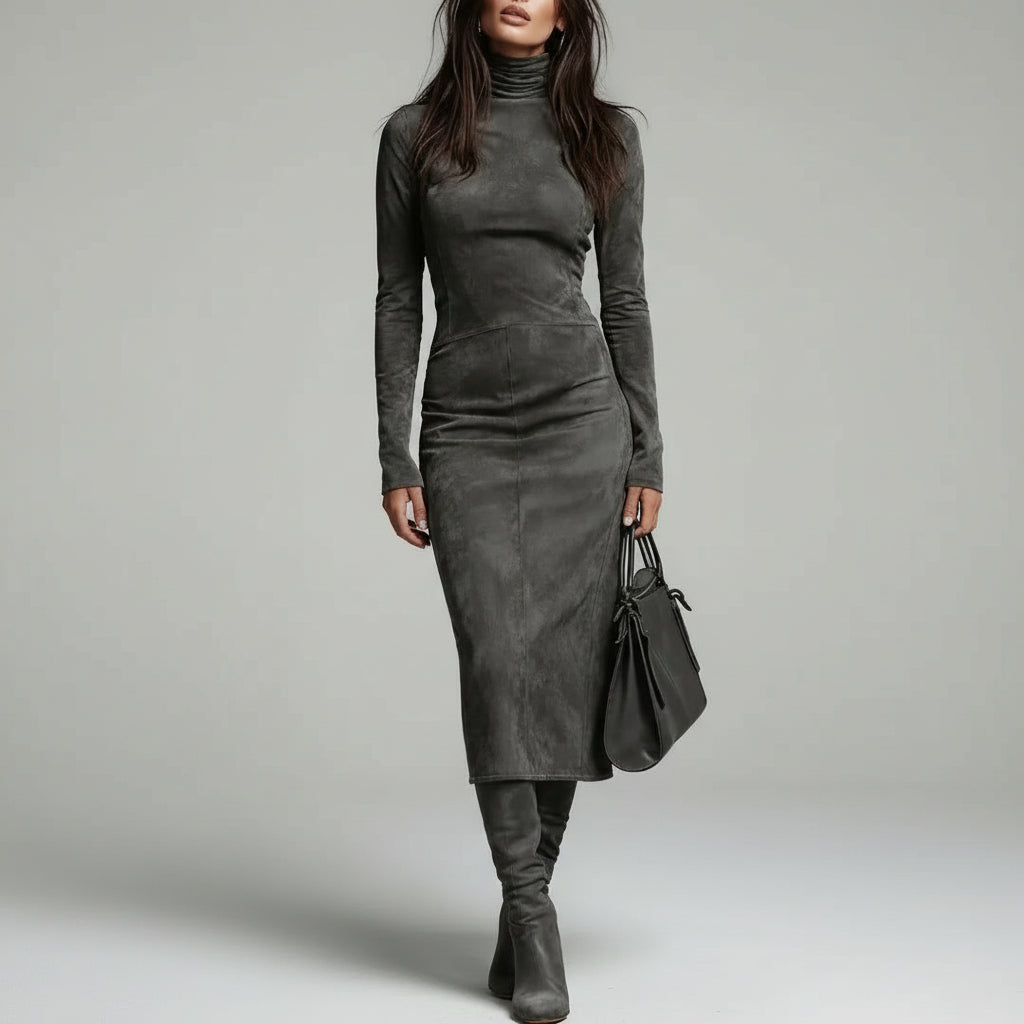 Vestido Longo Gola Redonda Cintura Marcada Lenogue Cinza / p