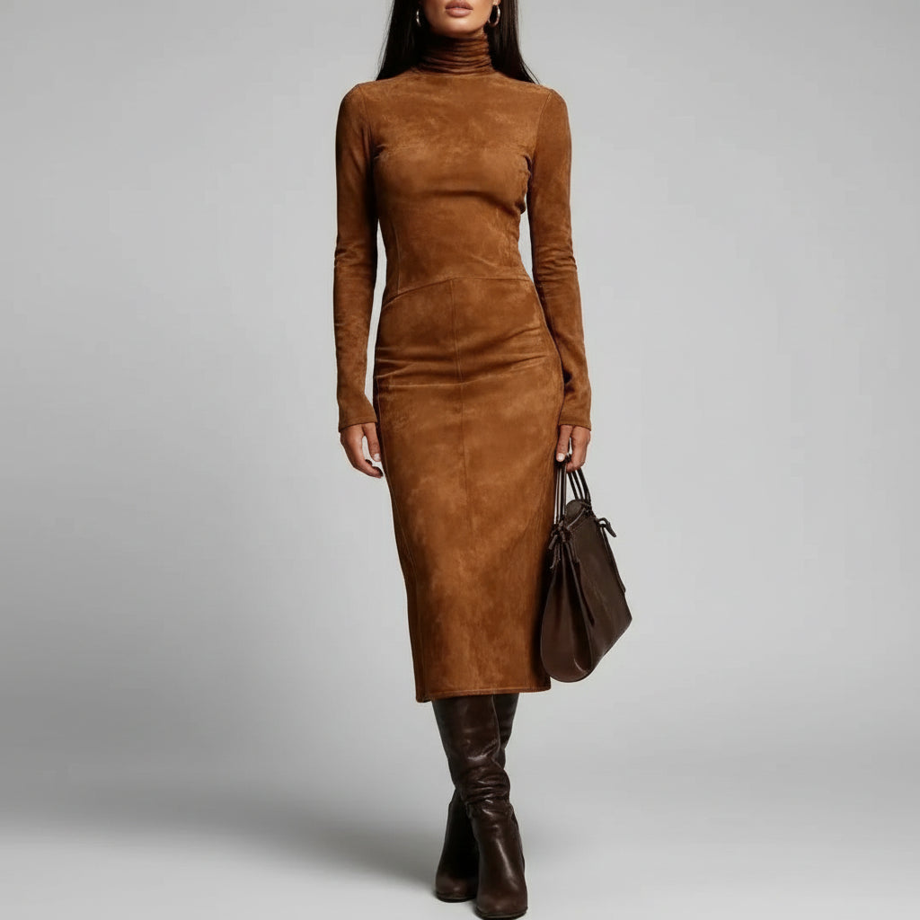 Vestido Longo Gola Redonda Cintura Marcada Lenogue Caramelo / p