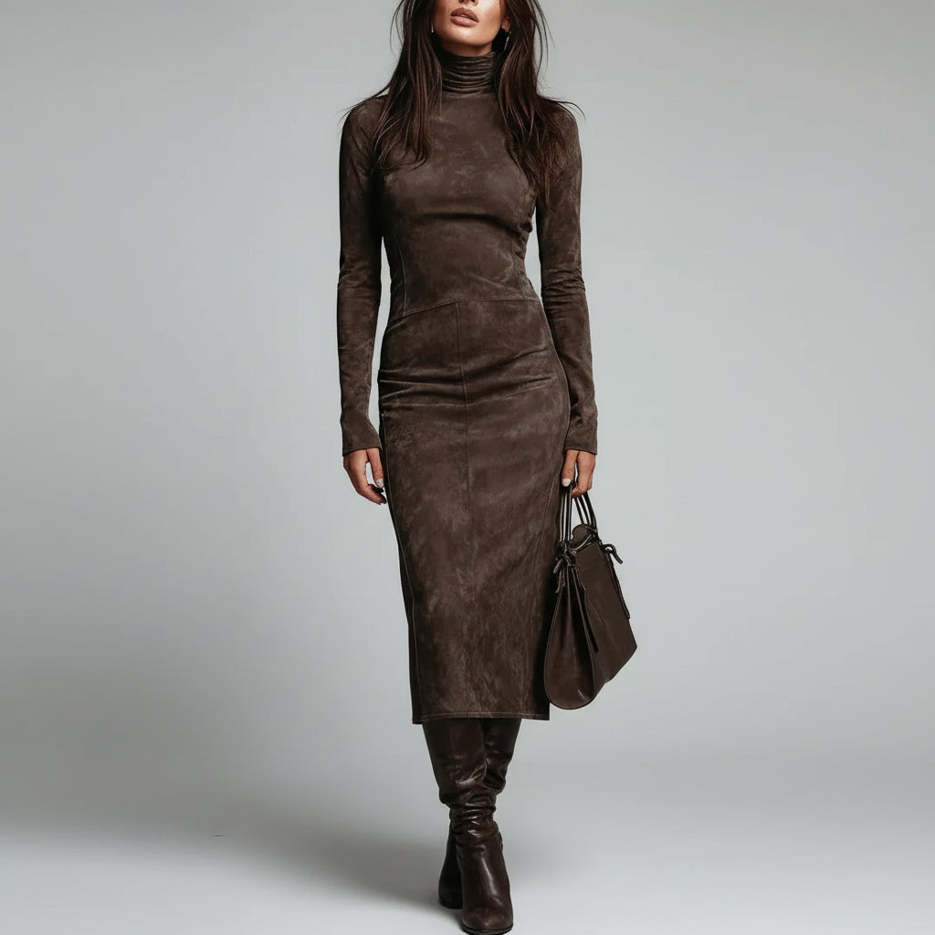 Vestido Longo Gola Redonda Cintura Marcada Lenogue Marrom / p