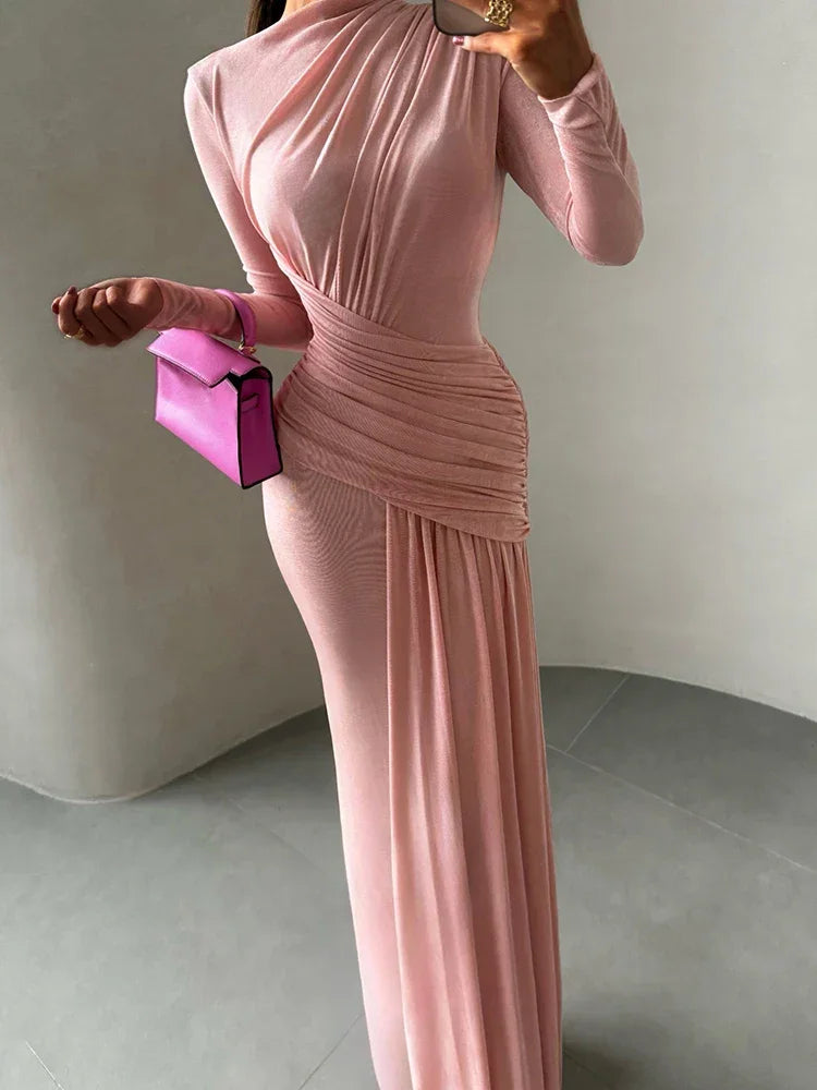 Vestido Longo Gola Redonda com Pregas Manga Longa Lenogue