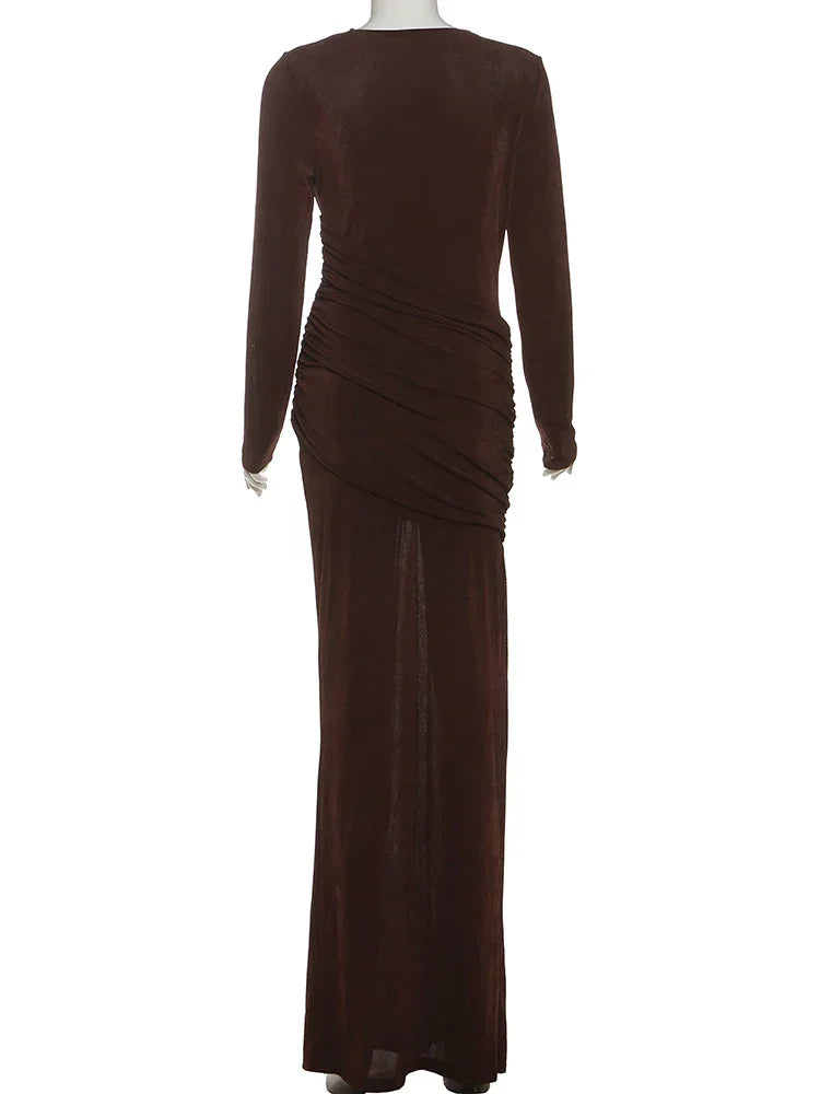Vestido Longo Gola Redonda com Pregas Manga Longa Lenogue