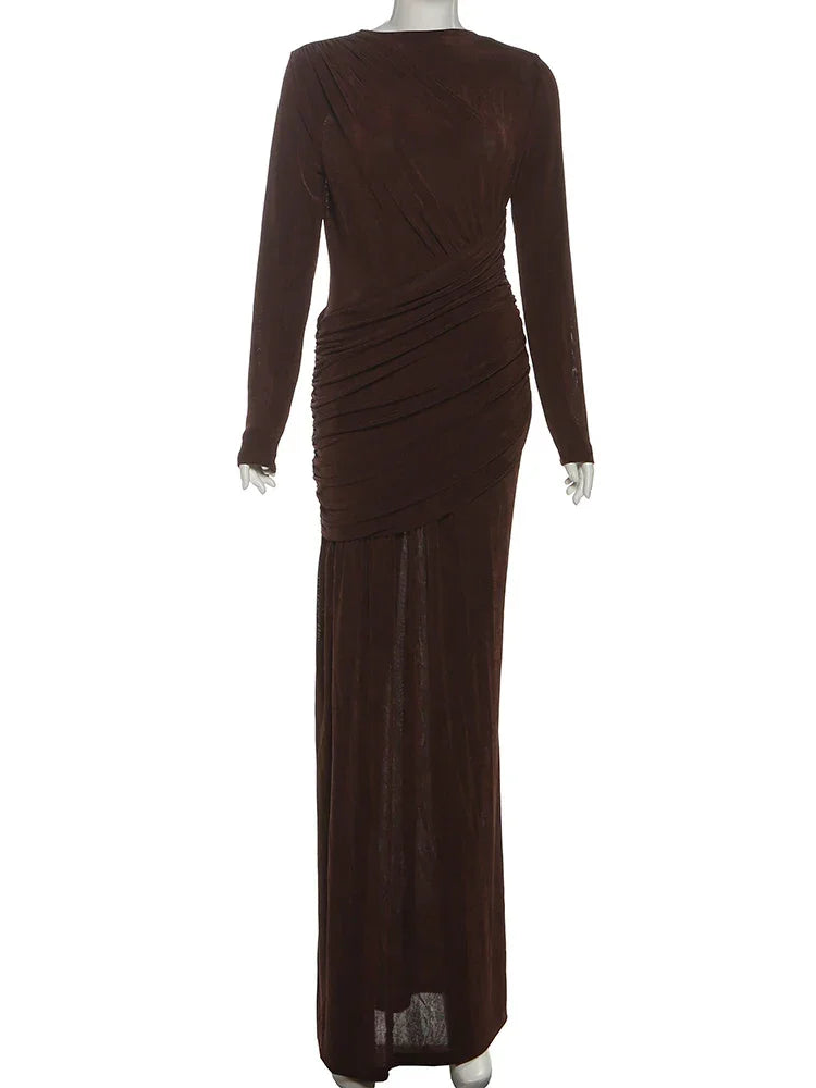 Vestido Longo Gola Redonda com Pregas Manga Longa Lenogue