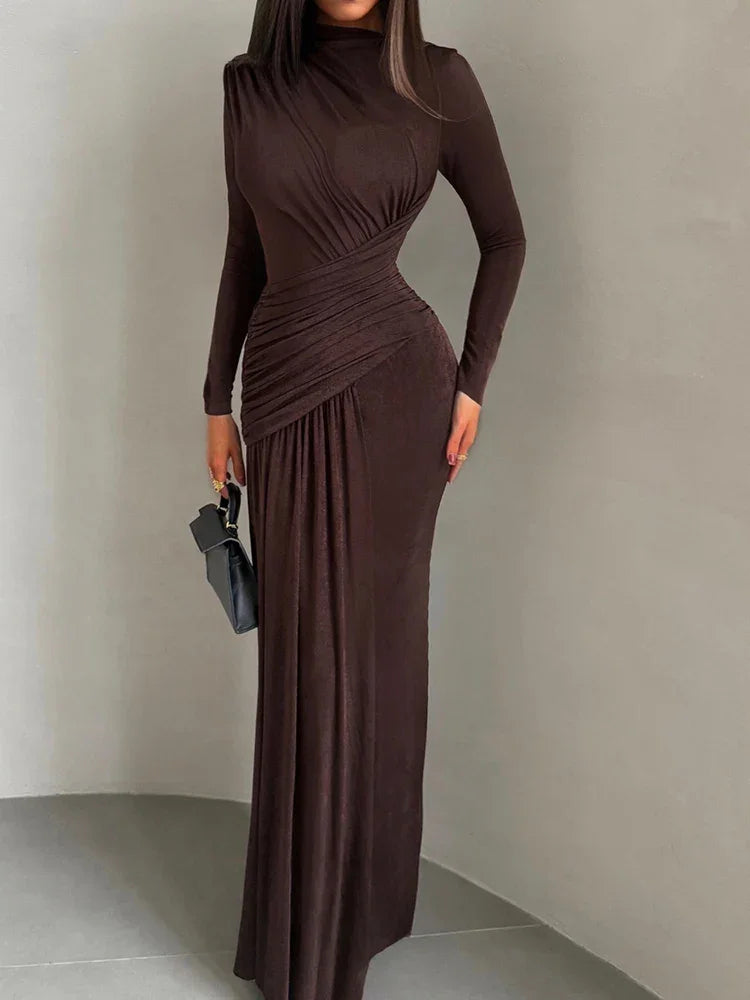 Vestido Longo Gola Redonda com Pregas Manga Longa Lenogue