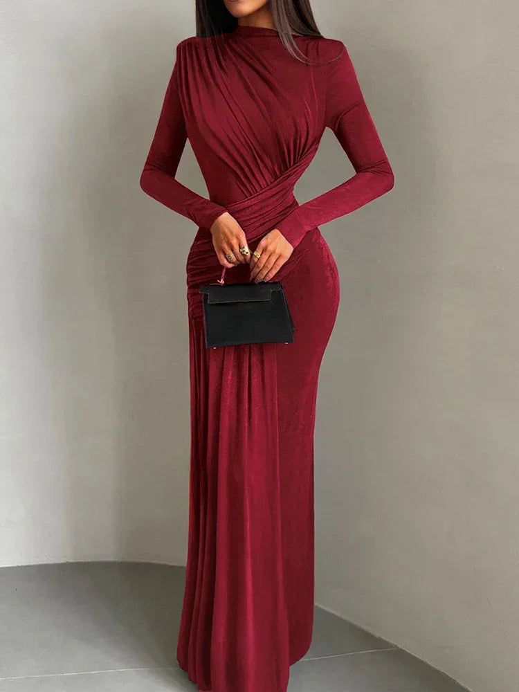 Vestido Longo Gola Redonda com Pregas Manga Longa Lenogue