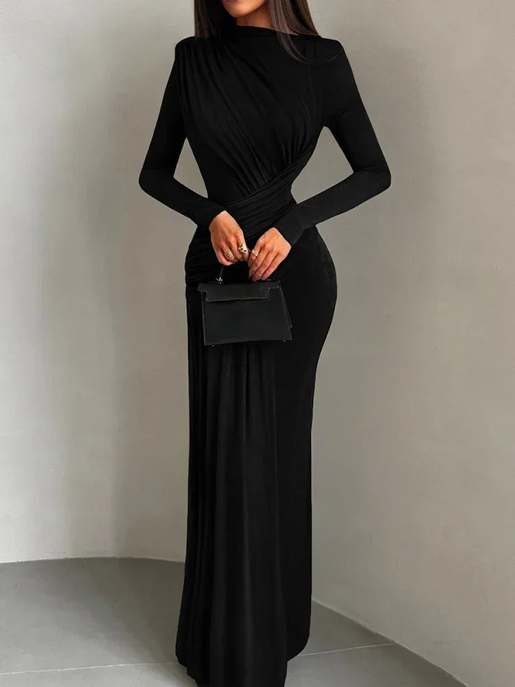 Vestido Longo Gola Redonda com Pregas Manga Longa Lenogue