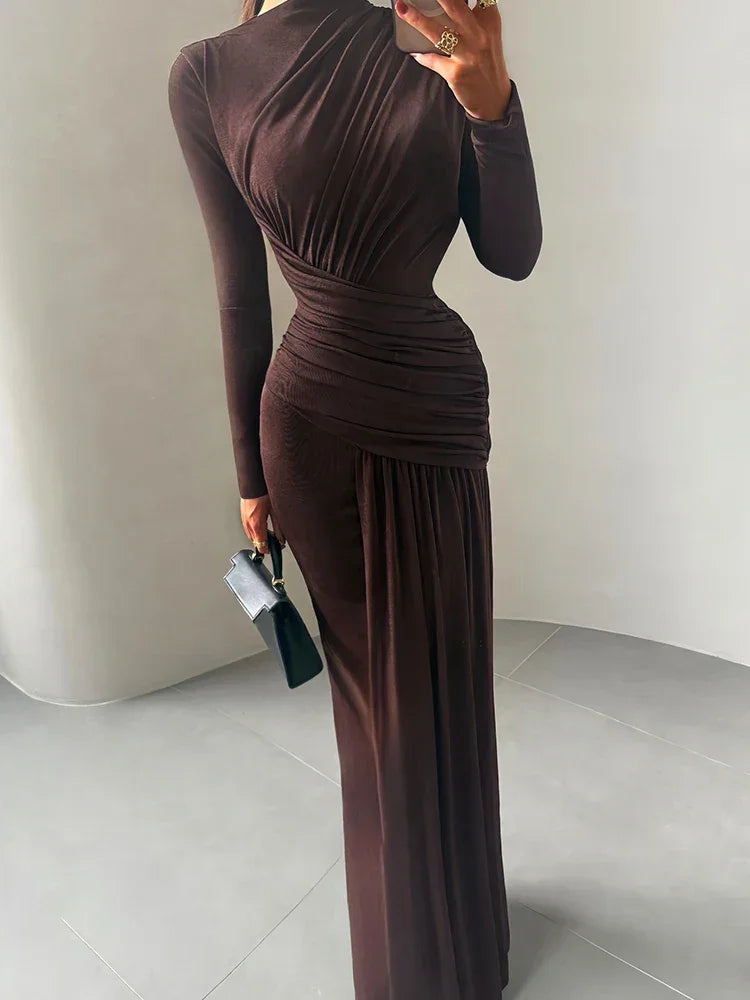 Vestido Longo Gola Redonda com Pregas Manga Longa Lenogue