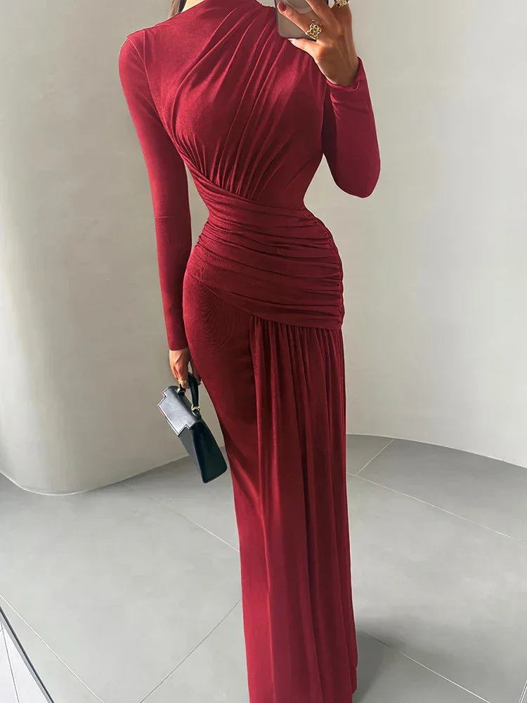 Vestido Longo Gola Redonda com Pregas Manga Longa Lenogue