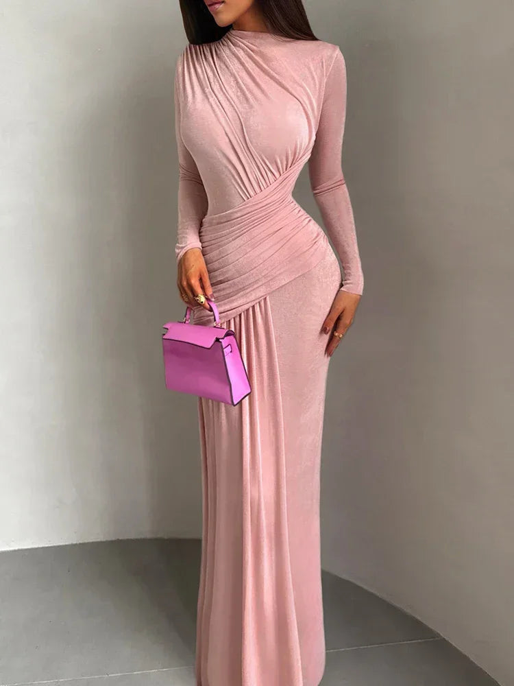 Vestido Longo Gola Redonda com Pregas Manga Longa Lenogue