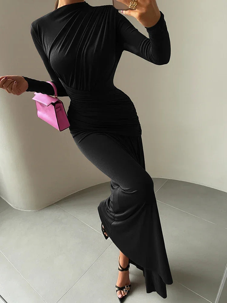 Vestido Longo Gola Redonda com Pregas Manga Longa Lenogue