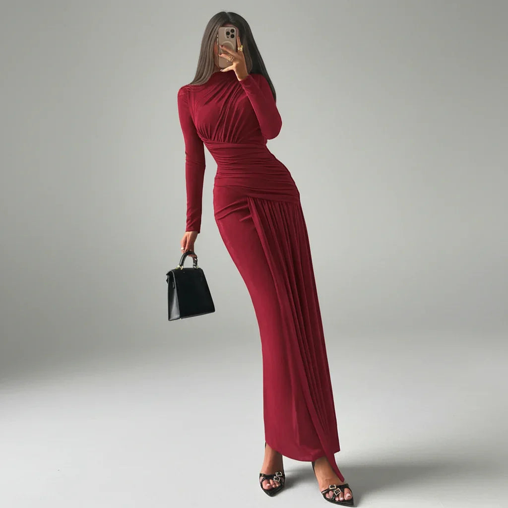 Vestido Longo Gola Redonda com Pregas Manga Longa Lenogue Vermelho / p