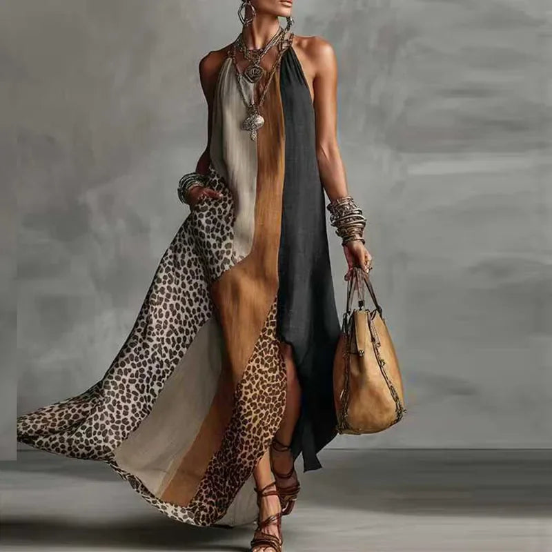 Vestido Longo Halter Animal Print Patchwork Fenda élégant Lenogue