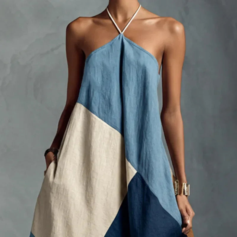 Vestido Longo Halter Patchwork Color Block élégant Lenogue