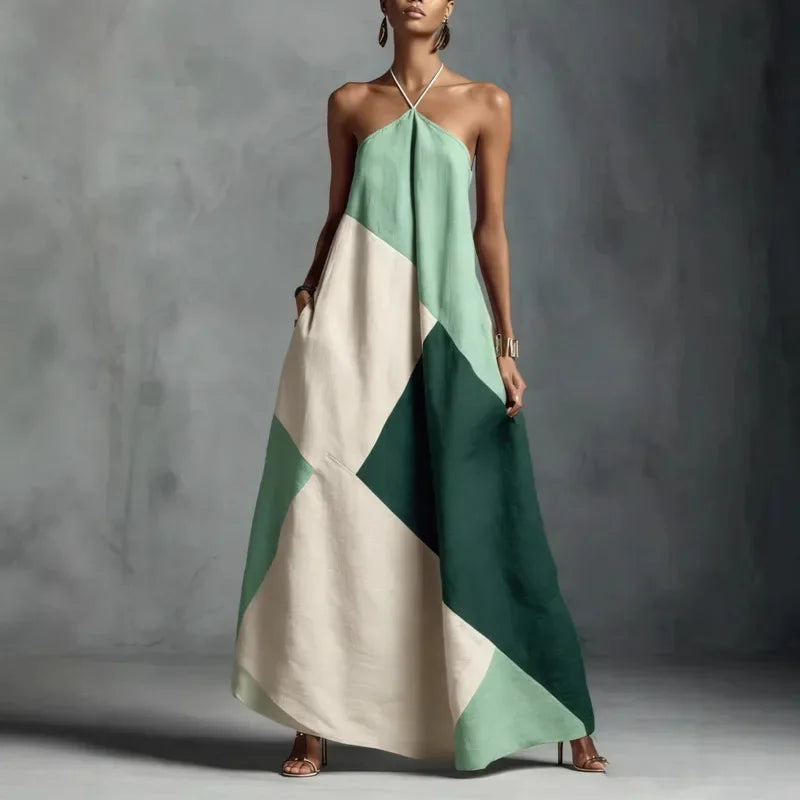 Vestido Longo Halter Patchwork Color Block élégant Lenogue