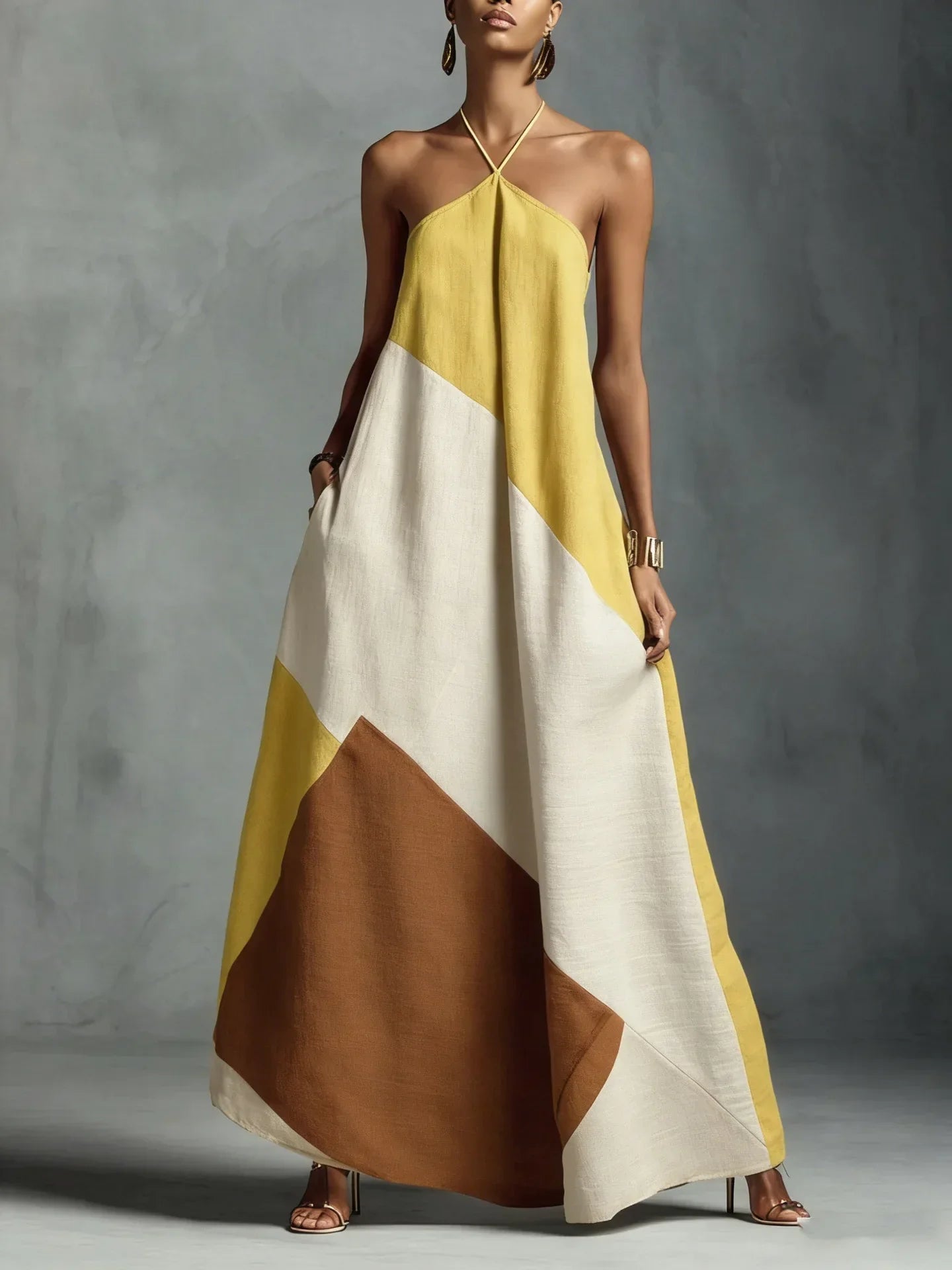 Vestido Longo Halter Patchwork Color Block élégant Lenogue