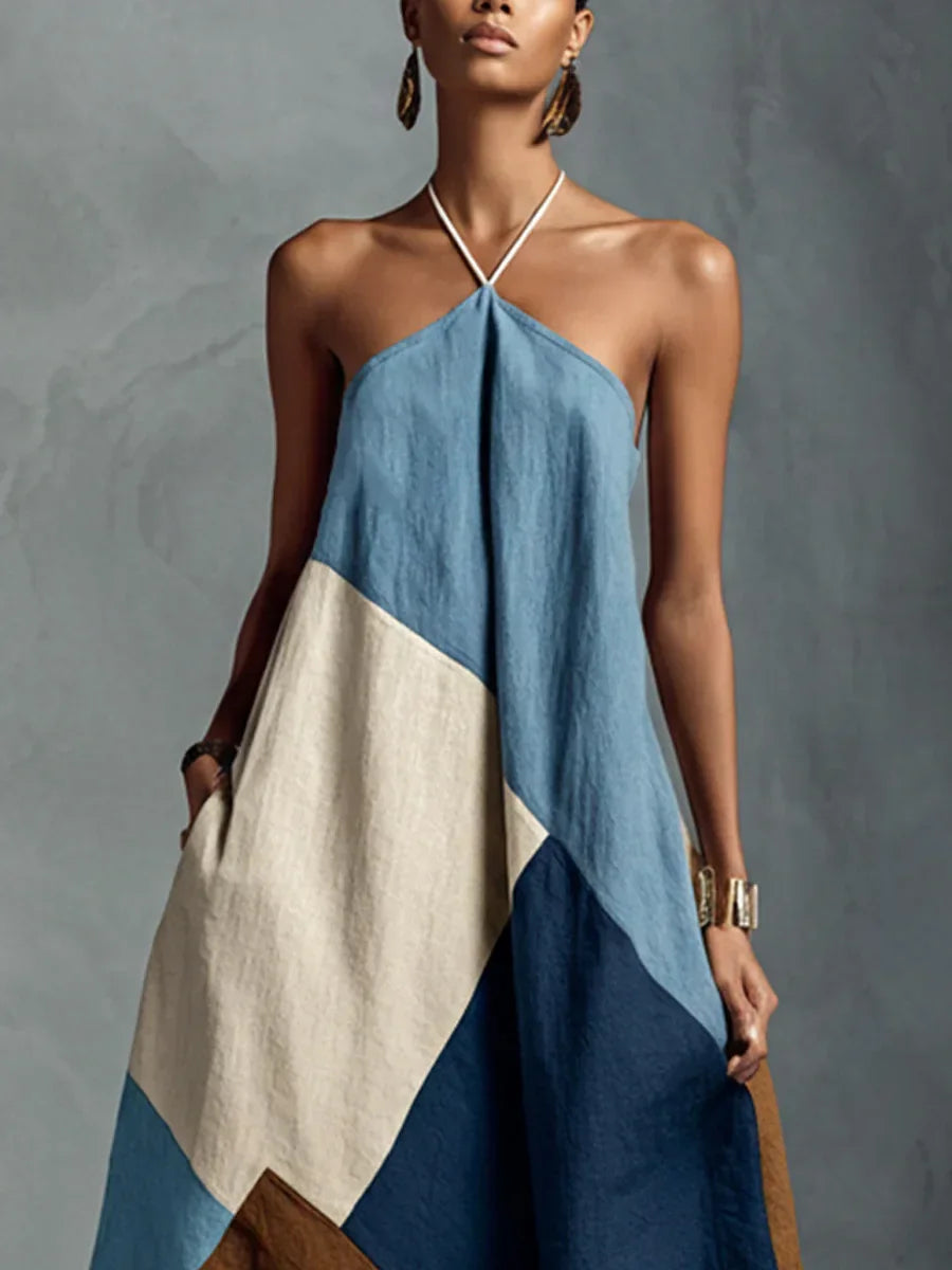 Vestido Longo Halter Patchwork Color Block élégant Lenogue