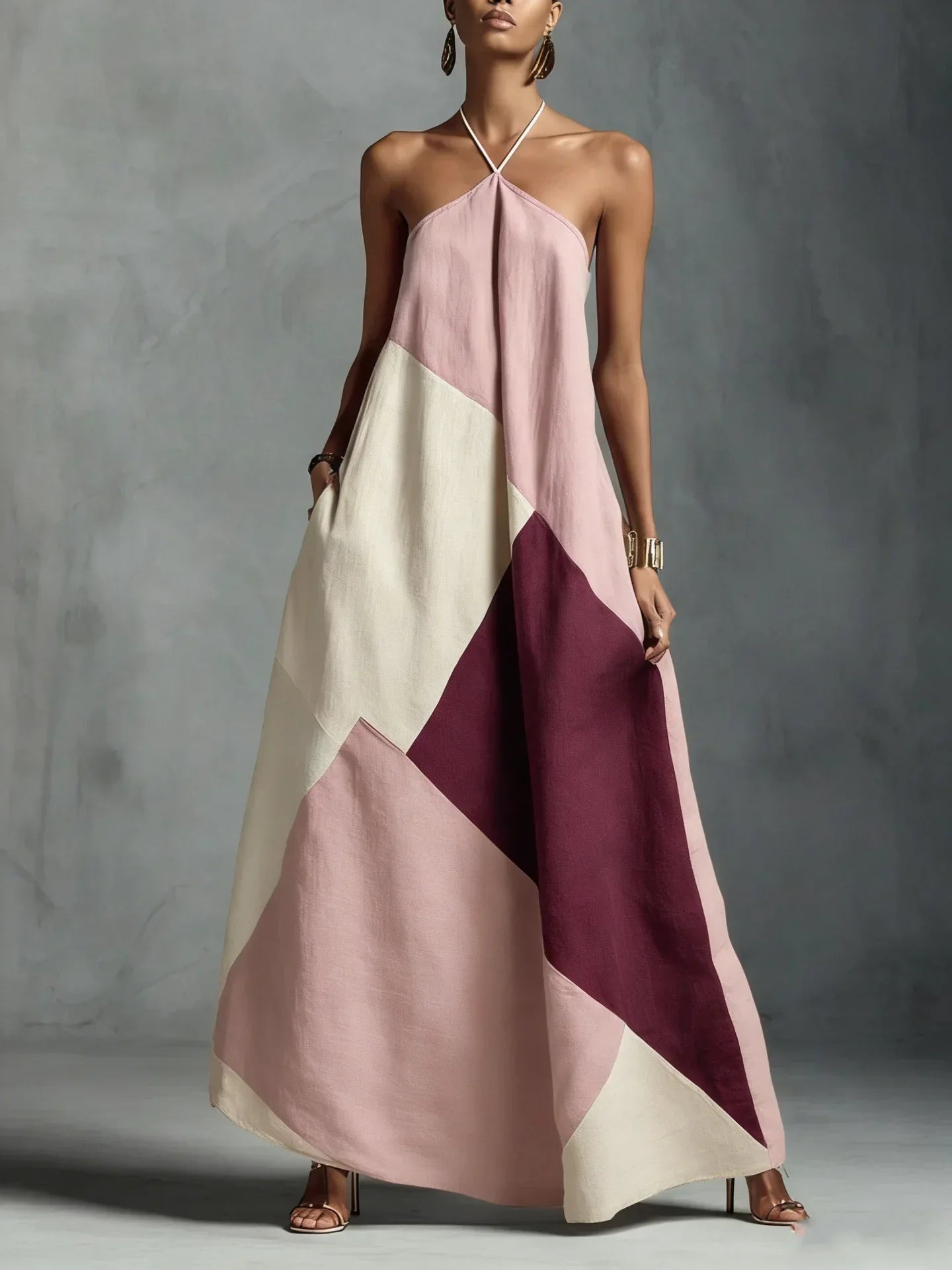 Vestido Longo Halter Patchwork Color Block élégant Lenogue