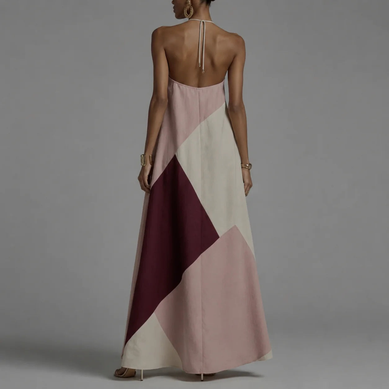 Vestido Longo Halter Patchwork Color Block élégant Lenogue