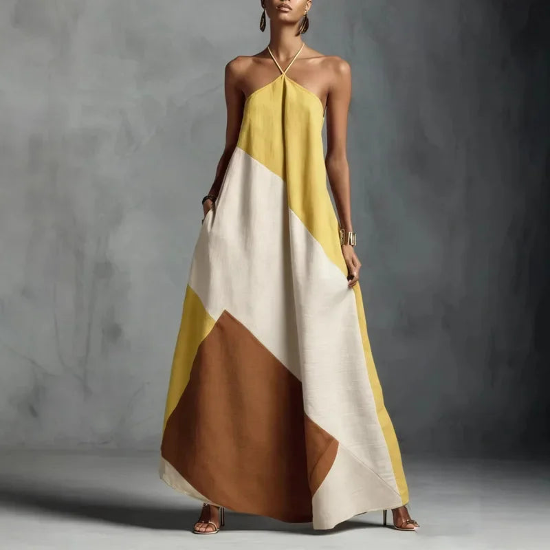 Vestido Longo Halter Patchwork Color Block élégant Lenogue