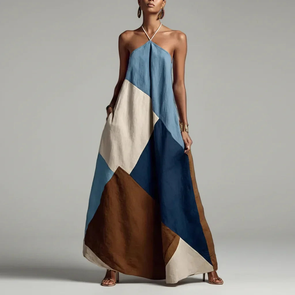 Vestido Longo Halter Patchwork Color Block élégant Lenogue Azul / p