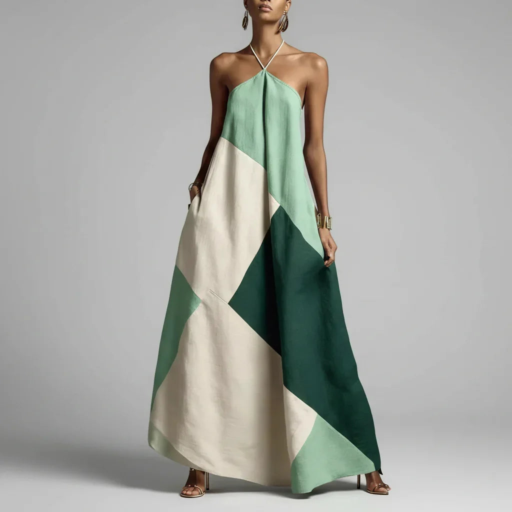 Vestido Longo Halter Patchwork Color Block élégant Lenogue Verde / p
