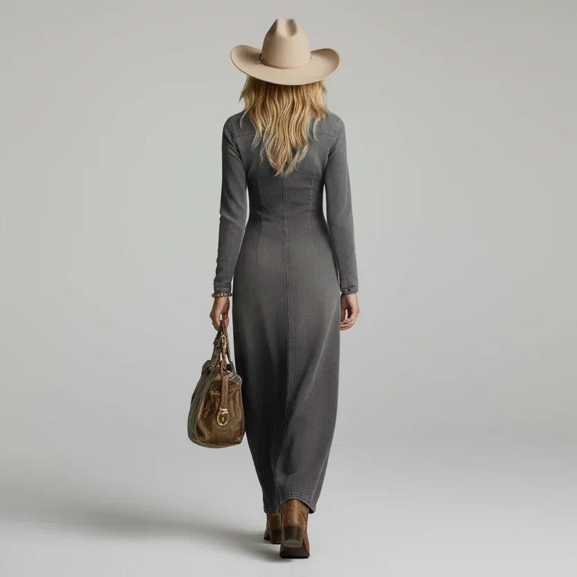 Vestido Longo Jeans Decote v com Botões e Fenda Lenogue