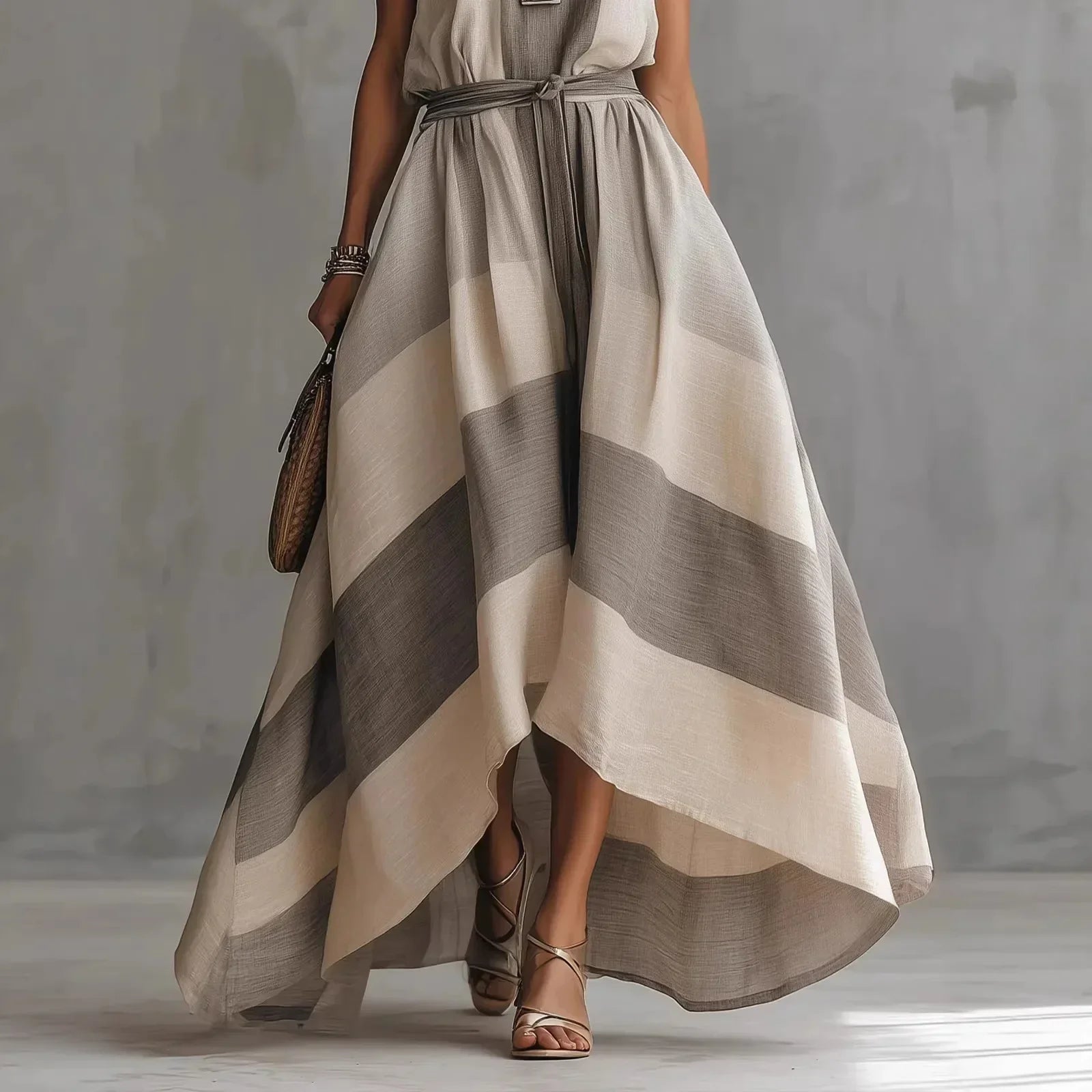 Vestido Longo Listrado Cinza Cinto Assimétrico Chic Lenogue
