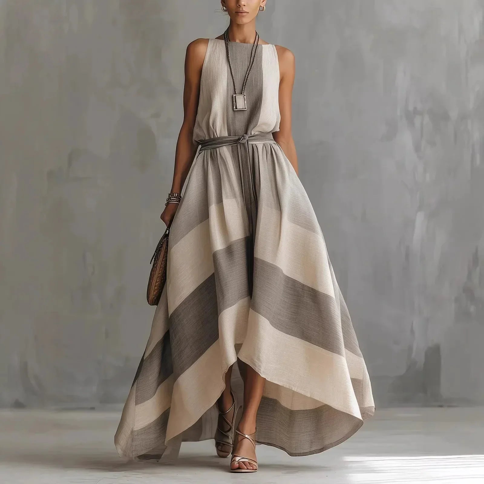Vestido Longo Listrado Cinza Cinto Assimétrico Chic Lenogue