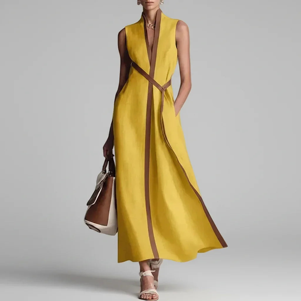 Vestido Longo Listrado Decote v Amarração sem Manga élégant Lenogue Amarelo / p