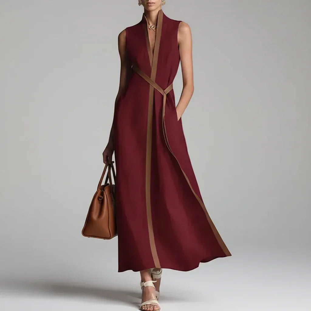 Vestido Longo Listrado Decote v Amarração sem Manga élégant Lenogue Vermelho / p