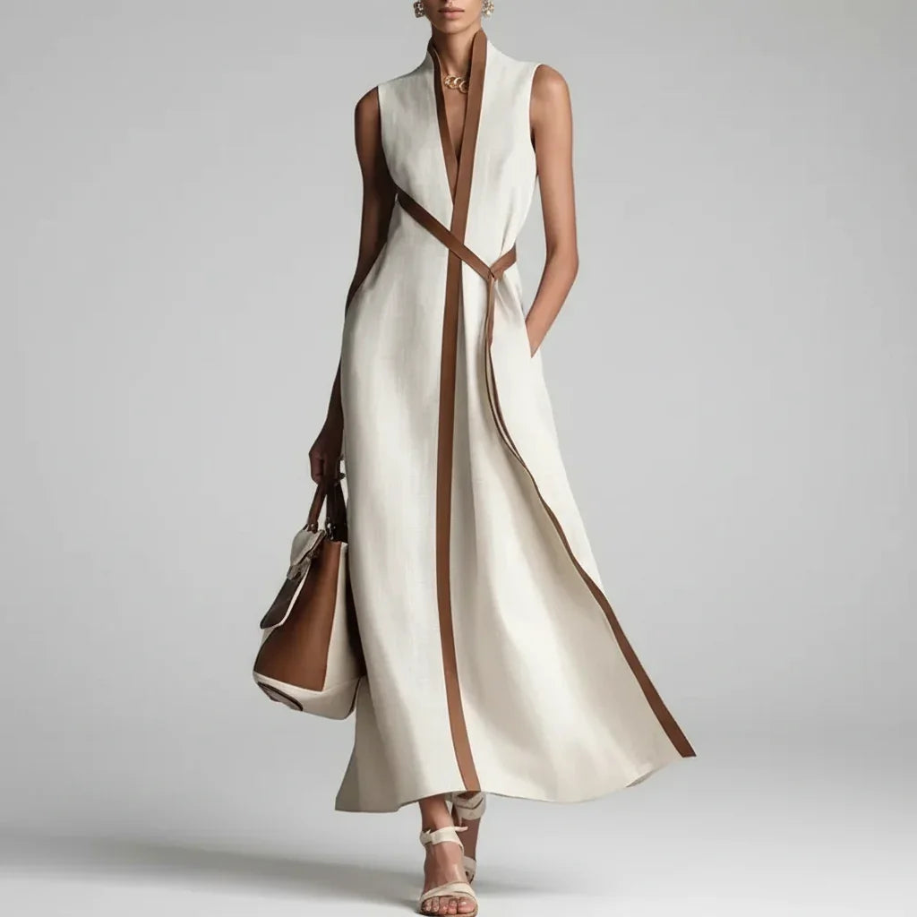 Vestido Longo Listrado Decote v Amarração sem Manga élégant Lenogue Branco / p