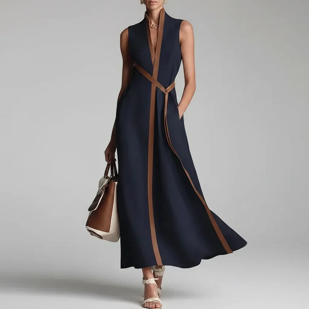 Vestido Longo Listrado Decote v Amarração sem Manga élégant Lenogue Azul Escuro / p