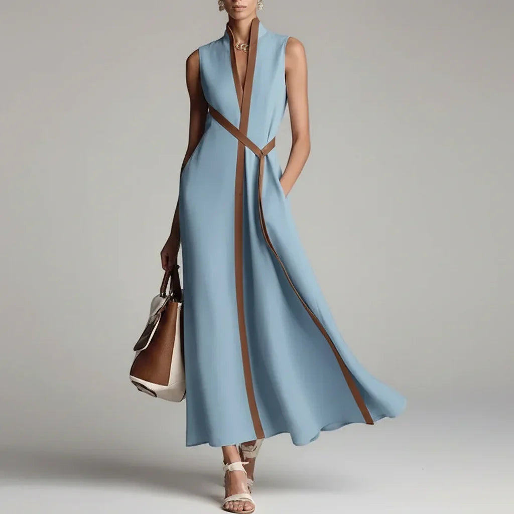 Vestido Longo Listrado Decote v Amarração sem Manga élégant Lenogue Azul Claro / p