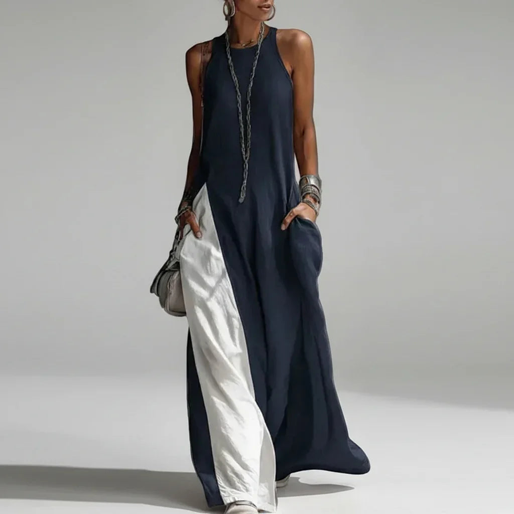 Vestido Longo Patchwork Color Block sem Manga Boho Lenogue Azul / p