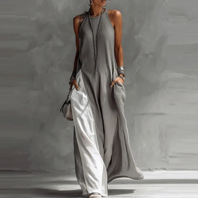 Vestido Longo Patchwork Color Block sem Manga Boho Lenogue