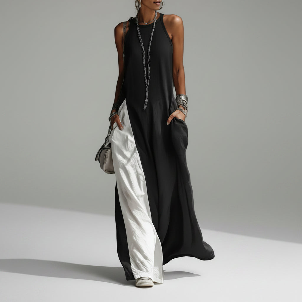 Vestido Longo Patchwork Color Block sem Manga Boho Lenogue Preto / p