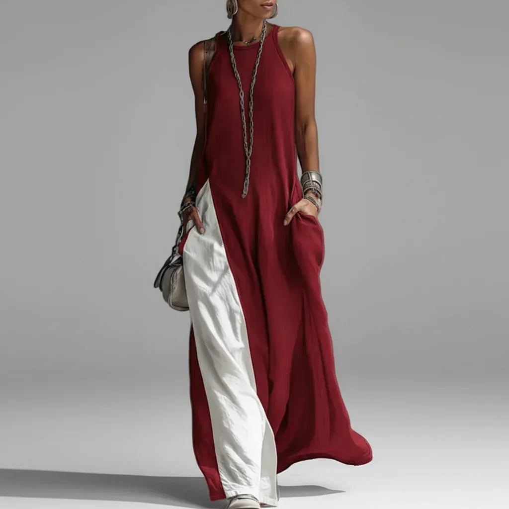 Vestido Longo Patchwork Color Block sem Manga Boho Lenogue Vermelho / p