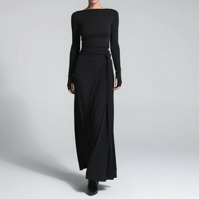 Vestido Longo Patchwork Gola Redonda Manga Longa Lenogue Preto / p