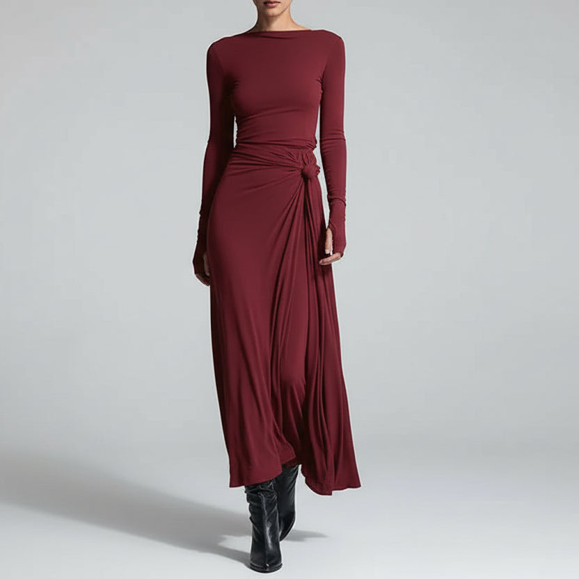 Vestido Longo Patchwork Gola Redonda Manga Longa Lenogue Vermelho / p