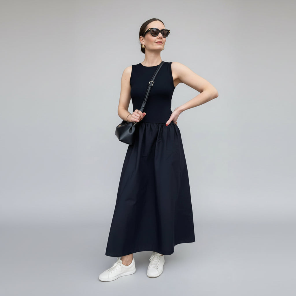 Vestido Longo Plissado em Tricot Preto para Festas Lenogue / p